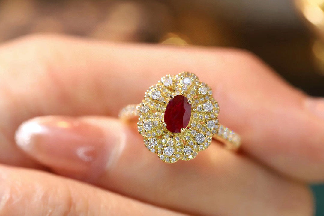 Fancy Ruby Diamond Flower Ring, 18K Solid Gold Ruby Diamond Ring