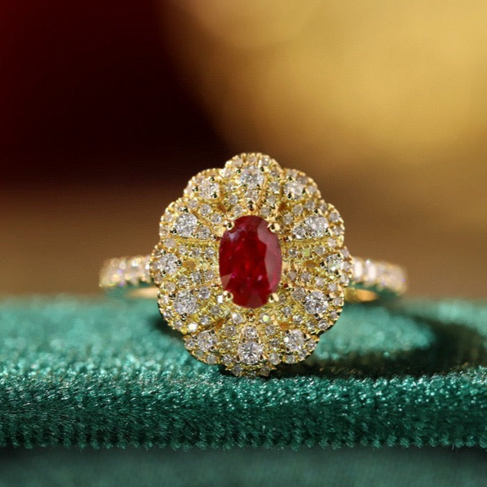 Fancy Ruby Diamond Flower Ring, 18K Solid Gold Ruby Diamond Ring