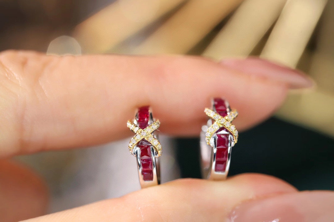 18K Solid Gold Ruby Diamond Hoop Earrings