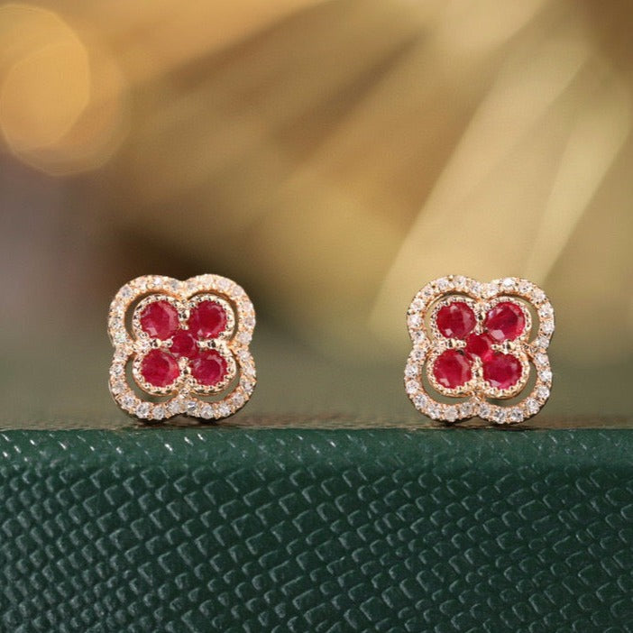 Dainty Ruby Diamond Clover Earrings, 18K Solid Gold Ruby Diamond Stud Earrings