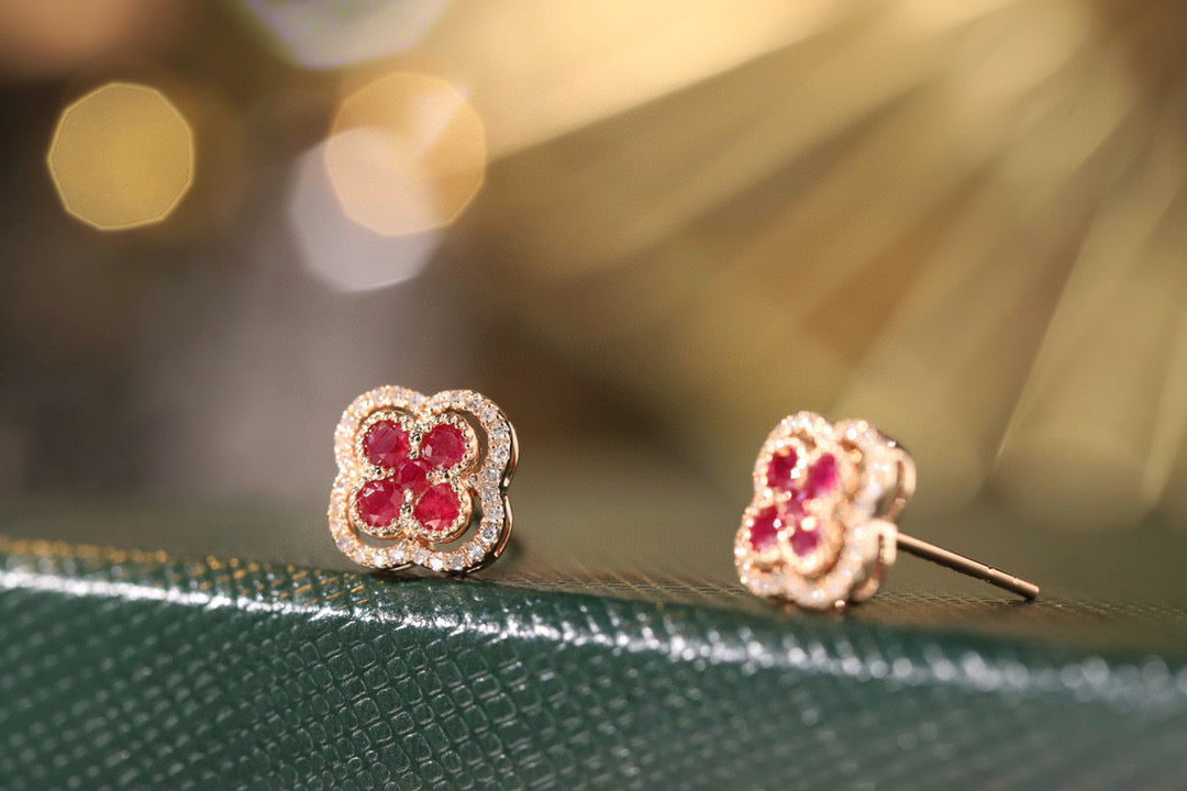 Dainty Ruby Diamond Clover Earrings, 18K Solid Gold Ruby Diamond Stud Earrings