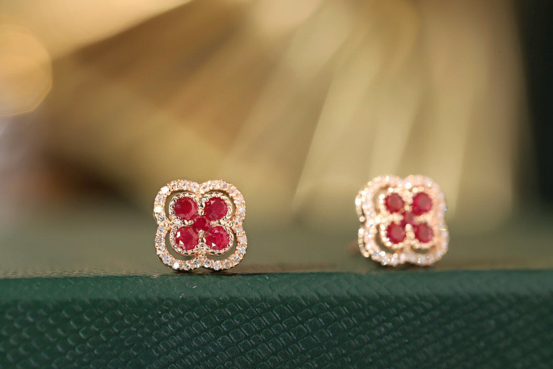 Dainty Ruby Diamond Clover Earrings, 18K Solid Gold Ruby Diamond Stud Earrings