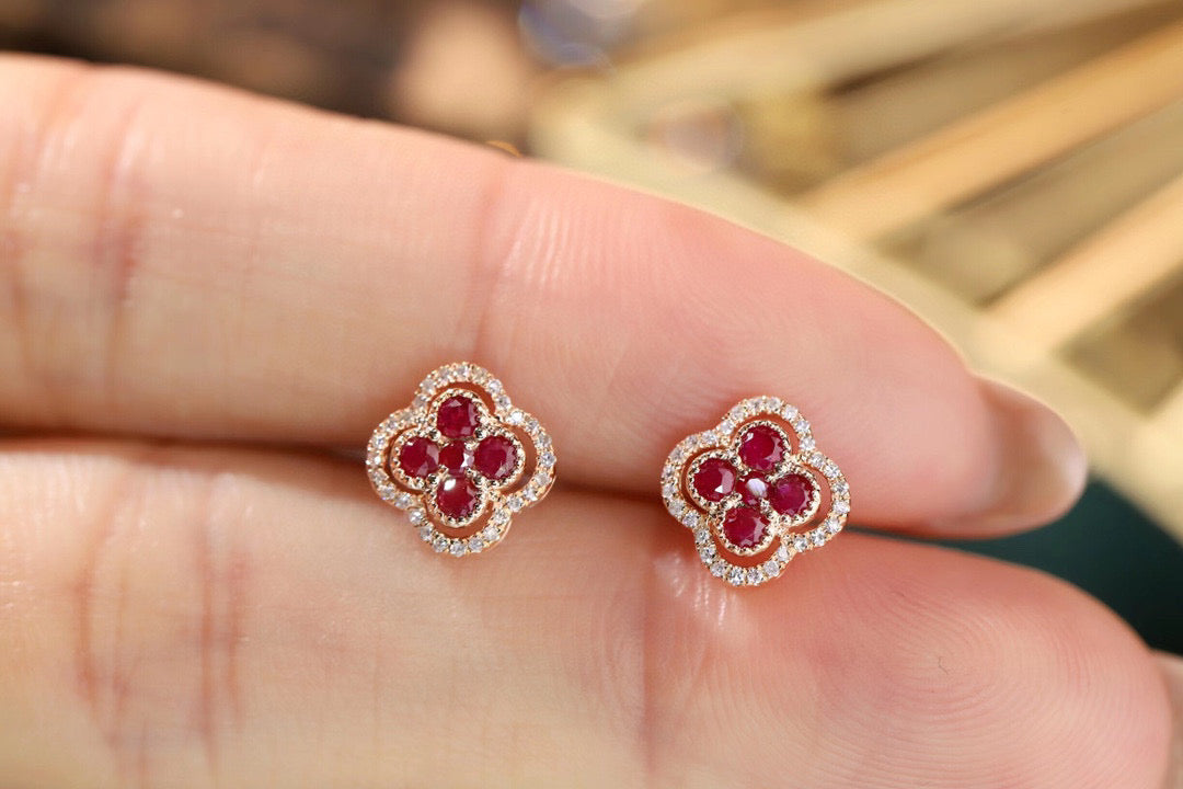 Dainty Ruby Diamond Clover Earrings, 18K Solid Gold Ruby Diamond Stud Earrings