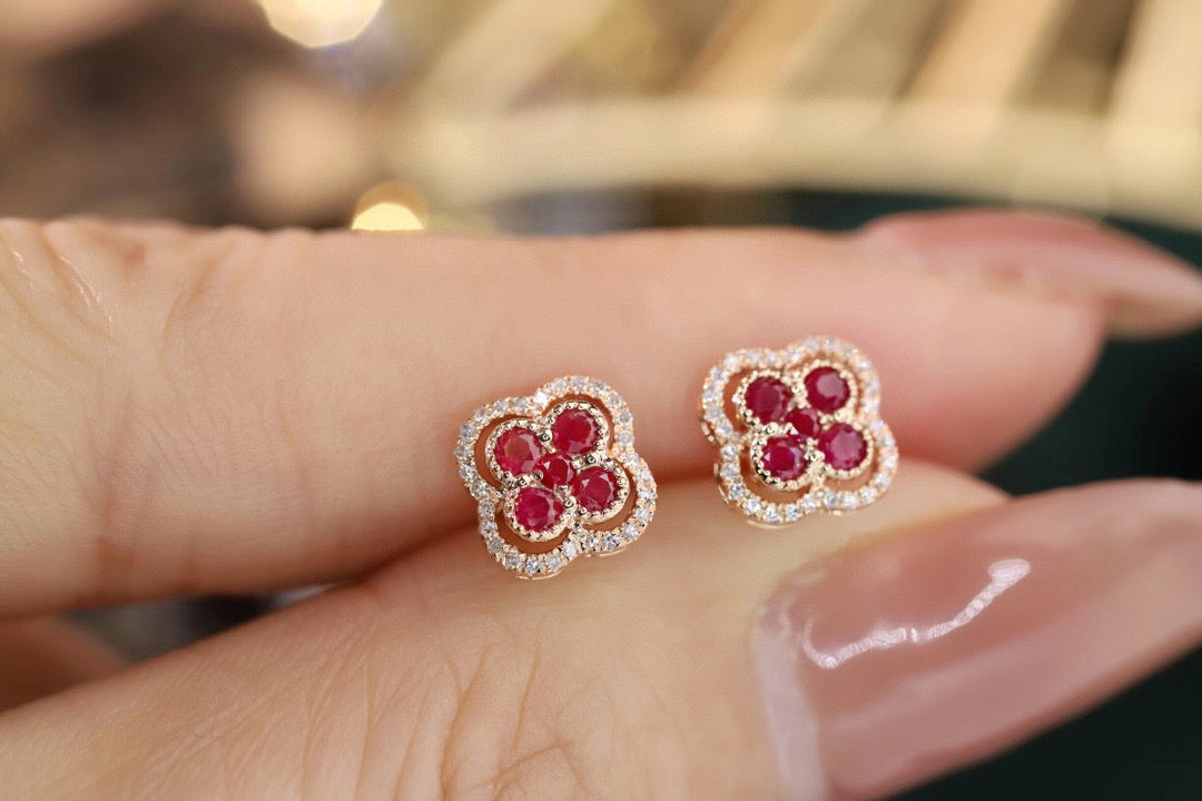 Dainty Ruby Diamond Clover Earrings, 18K Solid Gold Ruby Diamond Stud Earrings