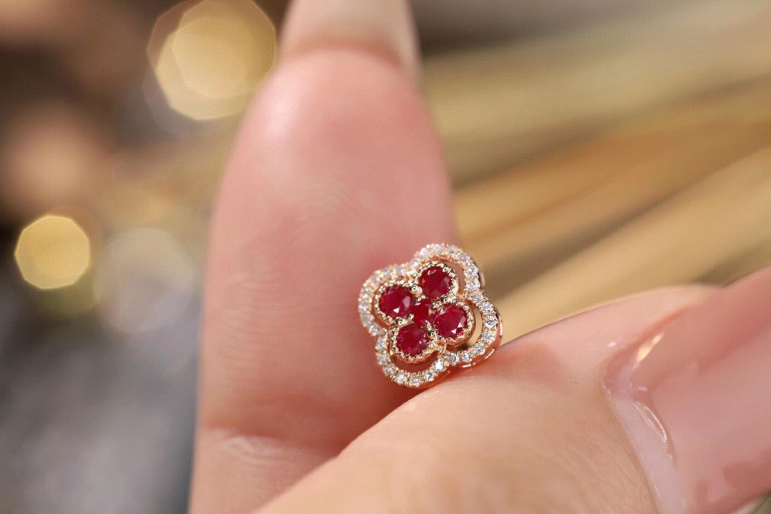 Dainty Ruby Diamond Clover Earrings, 18K Solid Gold Ruby Diamond Stud Earrings