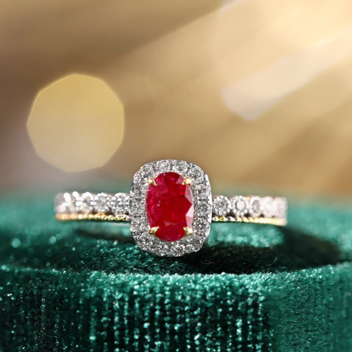 Art Deco 18K Solid Gold Ruby Diamond Ring