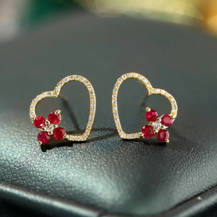 Heart Ruby Diamond Earrings, 18K Solid Gold Ruby Diamond Heart Clover Stud Earrings