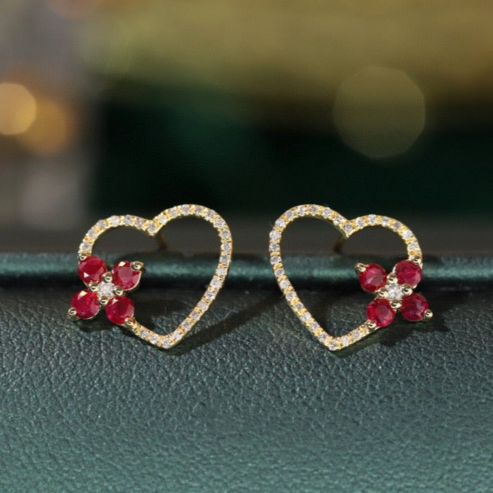 Heart Ruby Diamond Earrings, 18K Solid Gold Ruby Diamond Heart Clover Stud Earrings