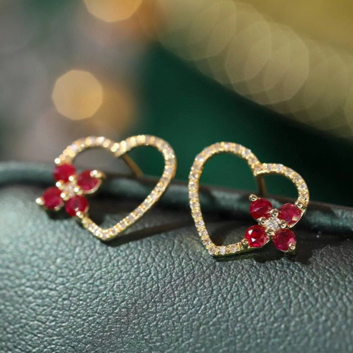 Heart Ruby Diamond Earrings, 18K Solid Gold Ruby Diamond Heart Clover Stud Earrings