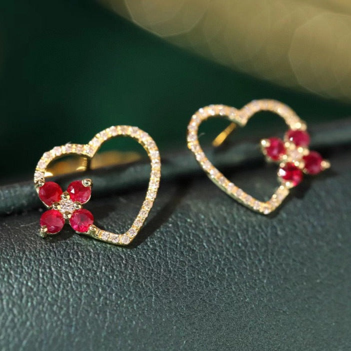 Heart Ruby Diamond Earrings, 18K Solid Gold Ruby Diamond Heart Clover Stud Earrings