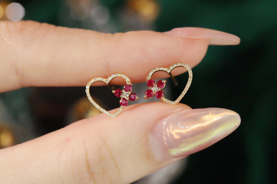 Heart Ruby Diamond Earrings, 18K Solid Gold Ruby Diamond Heart Clover Stud Earrings