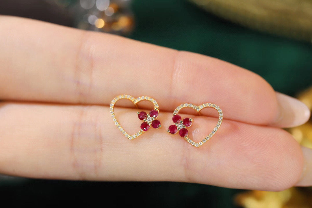 Heart Ruby Diamond Earrings, 18K Solid Gold Ruby Diamond Heart Clover Stud Earrings