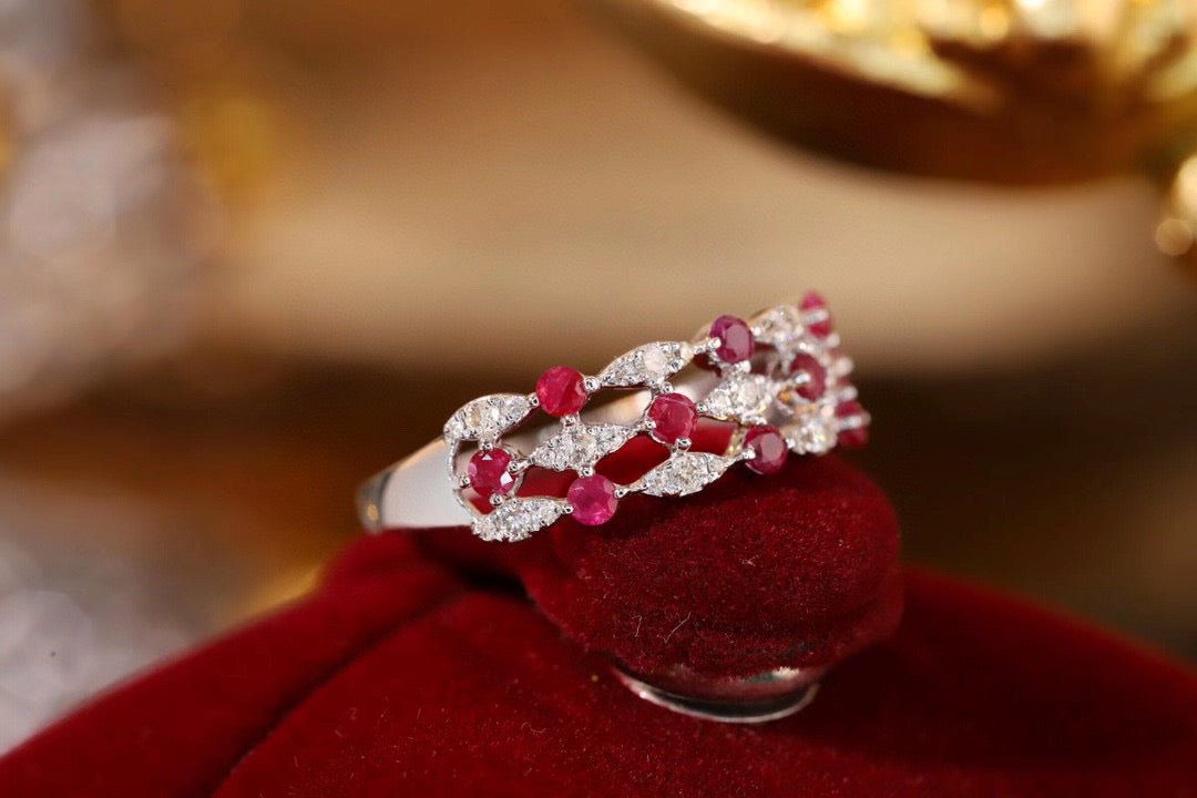 Art Deco 18K Solid Gold  Ruby Diamond Band