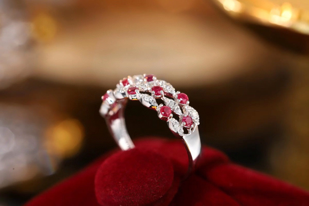 Art Deco 18K Solid Gold  Ruby Diamond Band