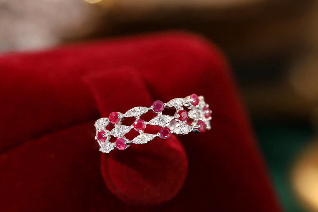 Art Deco 18K Solid Gold  Ruby Diamond Band