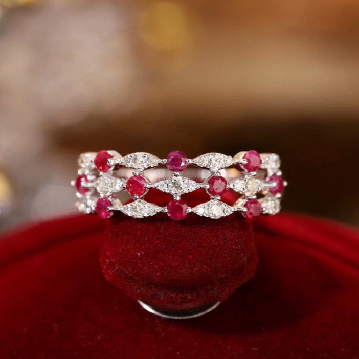 Art Deco 18K Solid Gold  Ruby Diamond Band