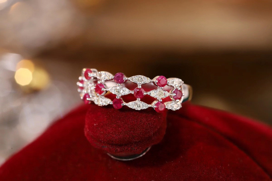 Art Deco 18K Solid Gold  Ruby Diamond Band