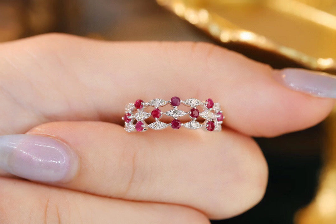 Art Deco 18K Solid Gold  Ruby Diamond Band