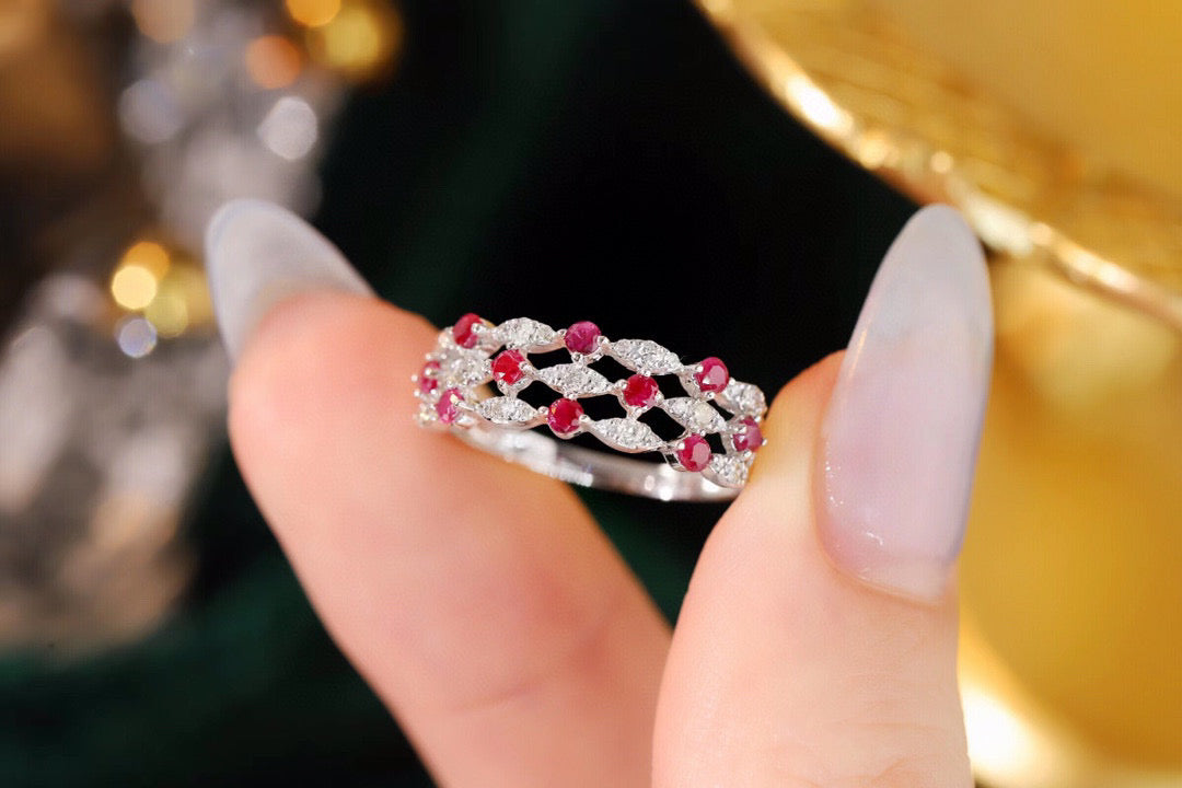 Art Deco 18K Solid Gold  Ruby Diamond Band