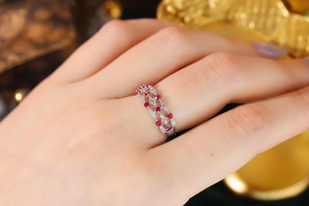 Art Deco 18K Solid Gold  Ruby Diamond Band