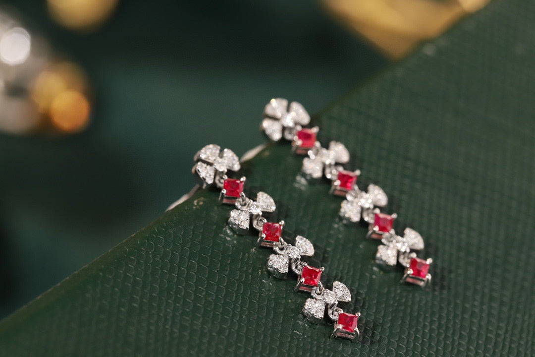 Art Deco 18K Solid Gold Ruby Diamond Dangle Stud Earrings