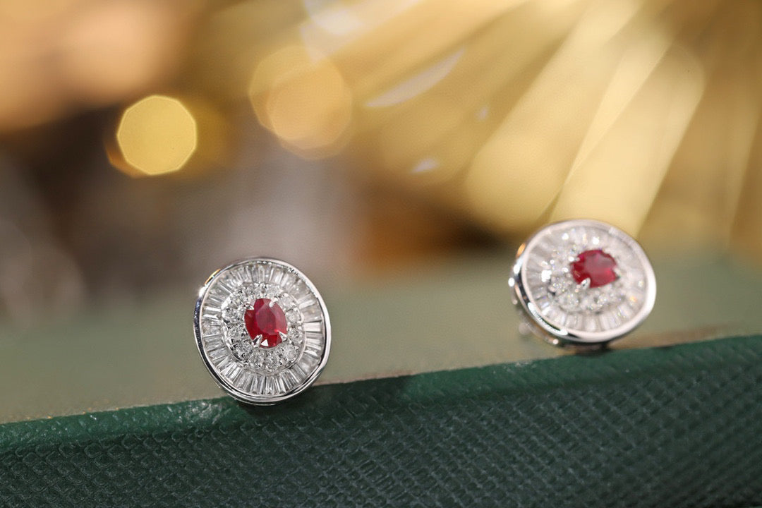 18K Solid Gold Ruby Diamond Stud Earrings