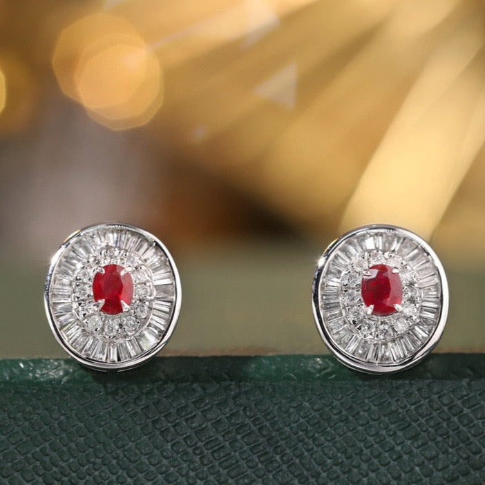 18K Solid Gold Ruby Diamond Stud Earrings