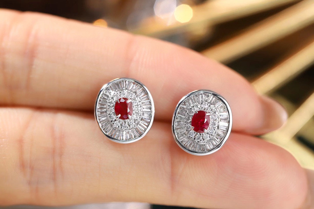 18K Solid Gold Ruby Diamond Stud Earrings