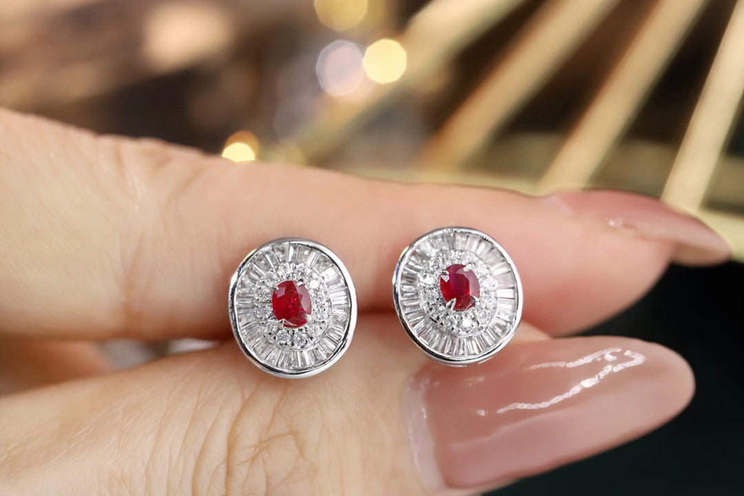 18K Solid Gold Ruby Diamond Stud Earrings