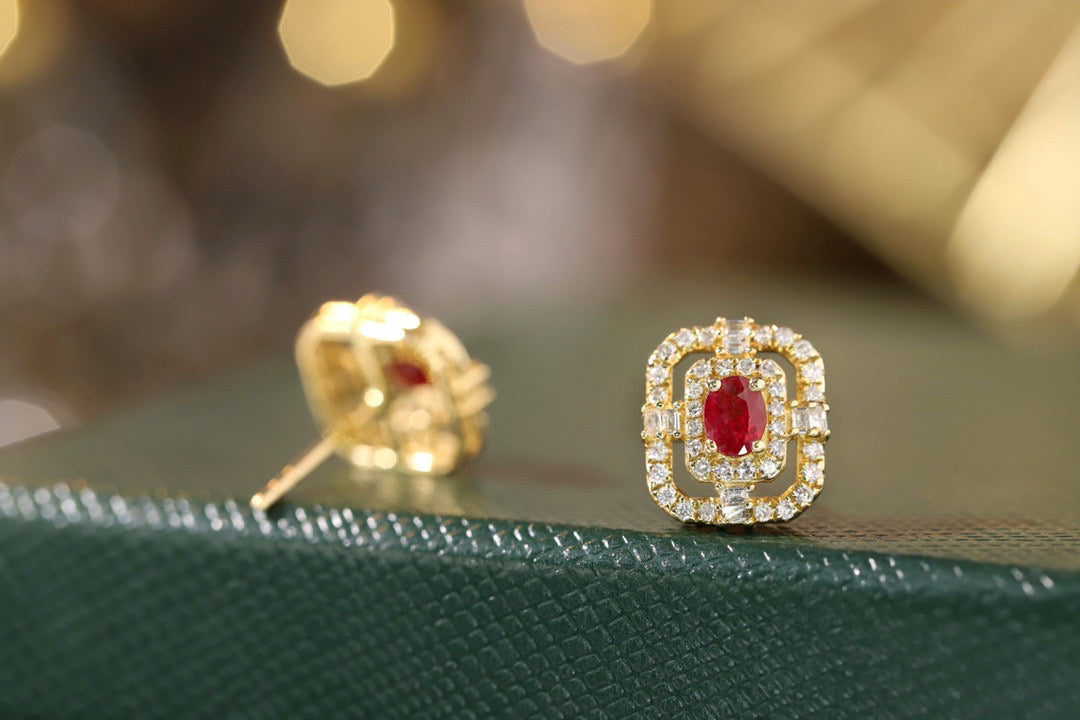 Art Deco 18K Solid Gold Ruby Diamond Stud Earrings