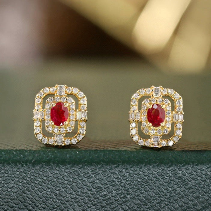 Art Deco 18K Solid Gold Ruby Diamond Stud Earrings