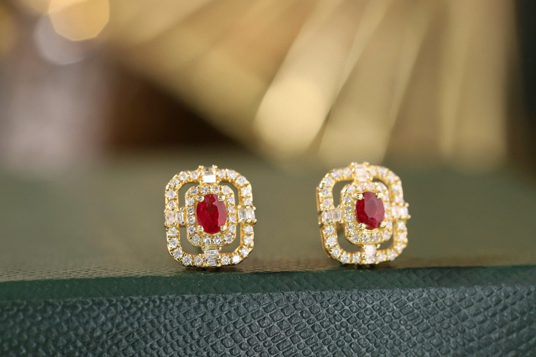 Art Deco 18K Solid Gold Ruby Diamond Stud Earrings