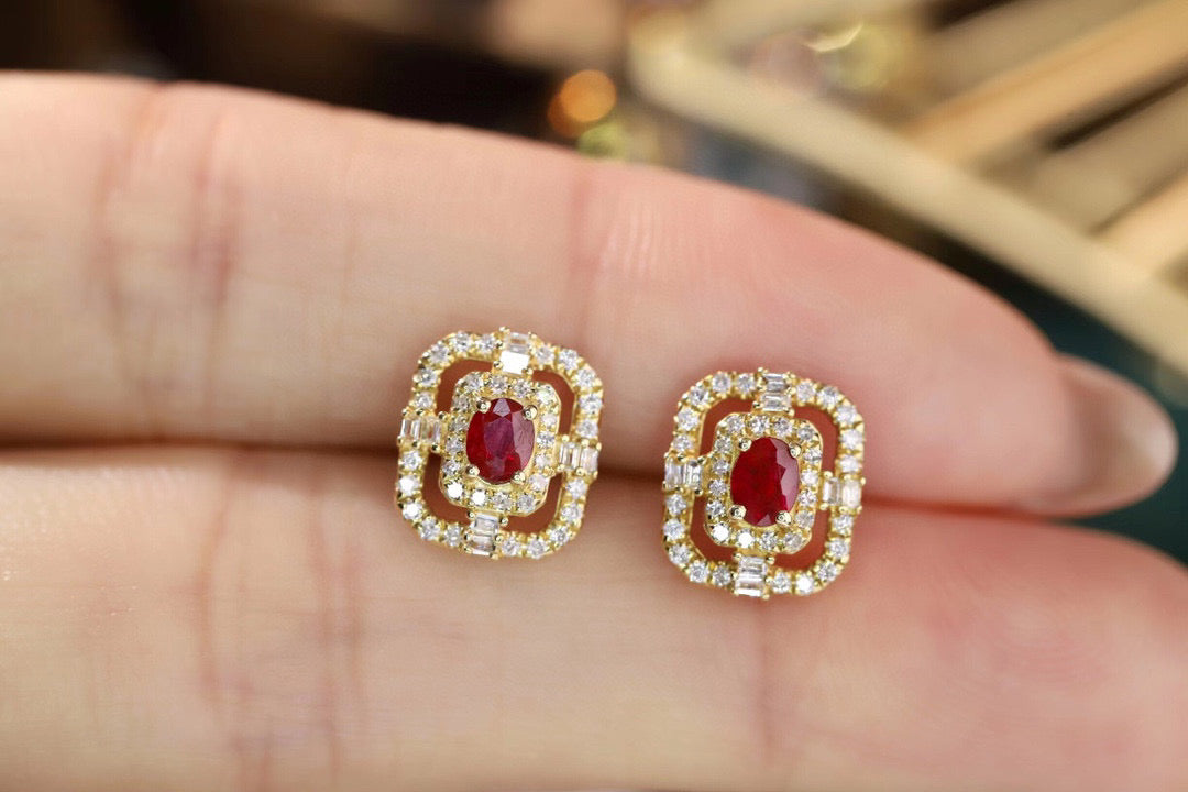 Art Deco 18K Solid Gold Ruby Diamond Stud Earrings