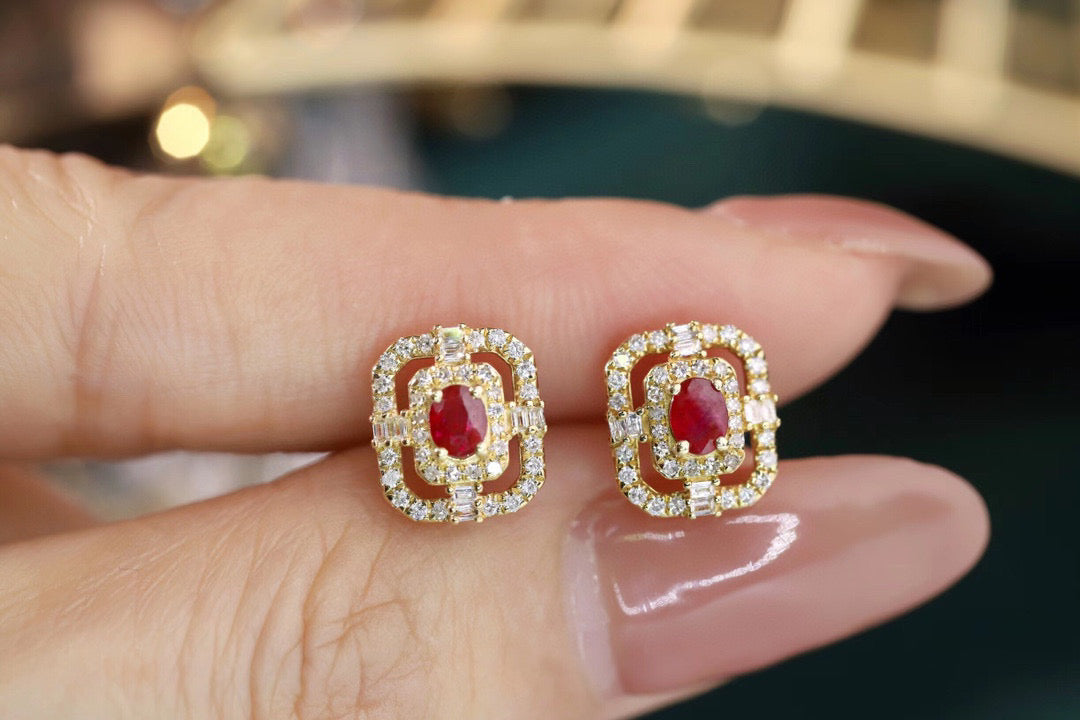 Art Deco 18K Solid Gold Ruby Diamond Stud Earrings