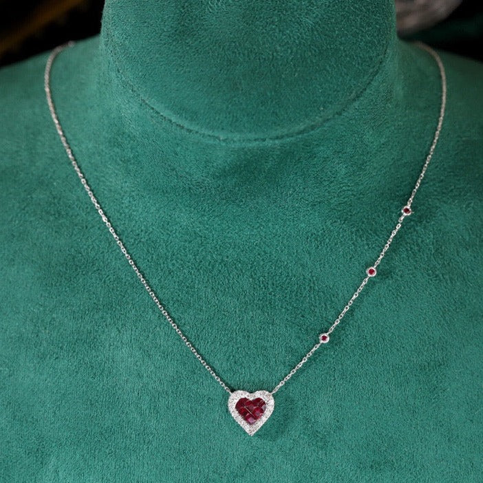 Vintage 18K Solid Gold Ruby Diamond Heart Necklace