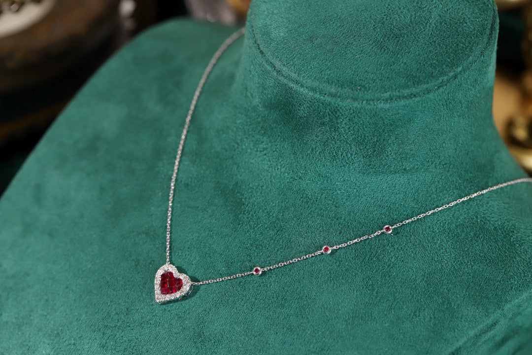 Vintage 18K Solid Gold Ruby Diamond Heart Necklace