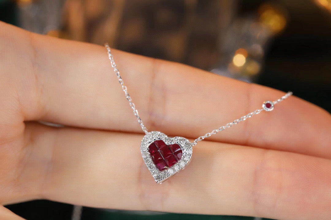 Vintage 18K Solid Gold Ruby Diamond Heart Necklace