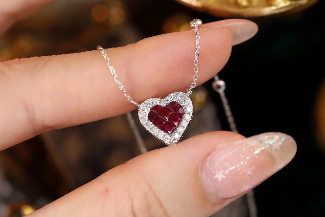 Vintage 18K Solid Gold Ruby Diamond Heart Necklace