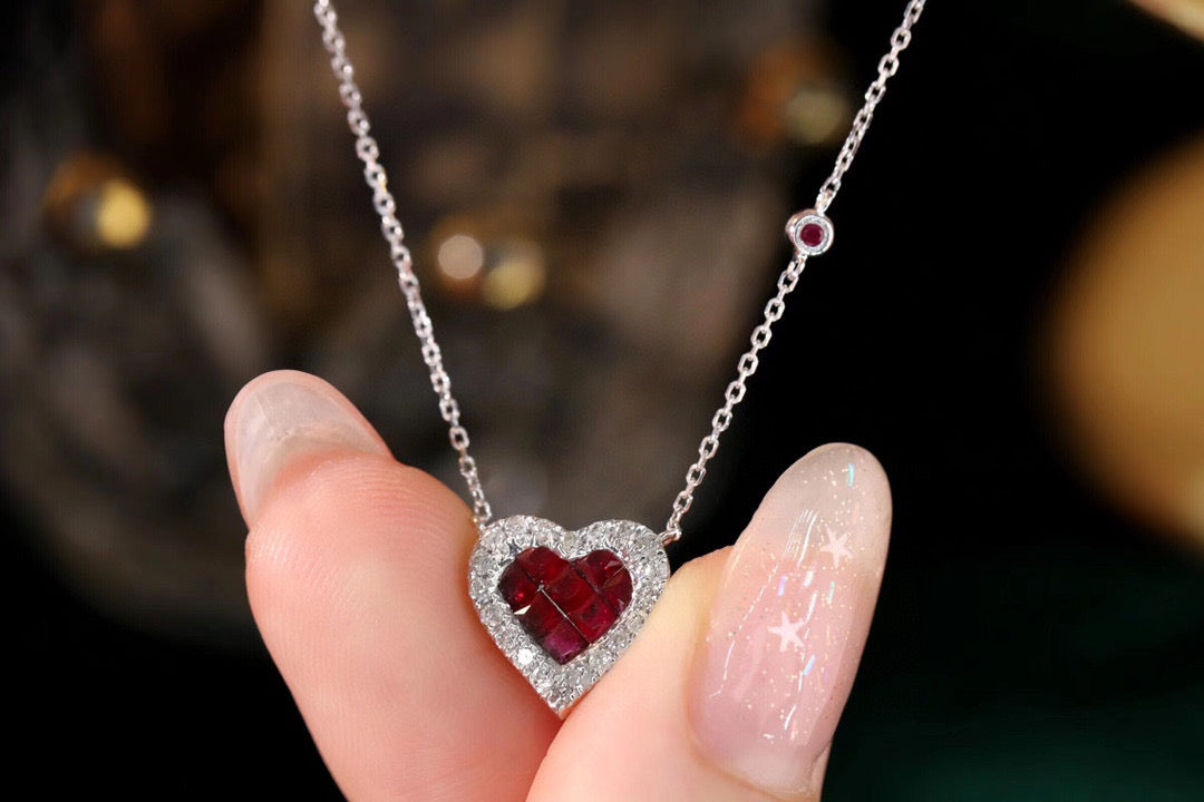 Vintage 18K Solid Gold Ruby Diamond Heart Necklace