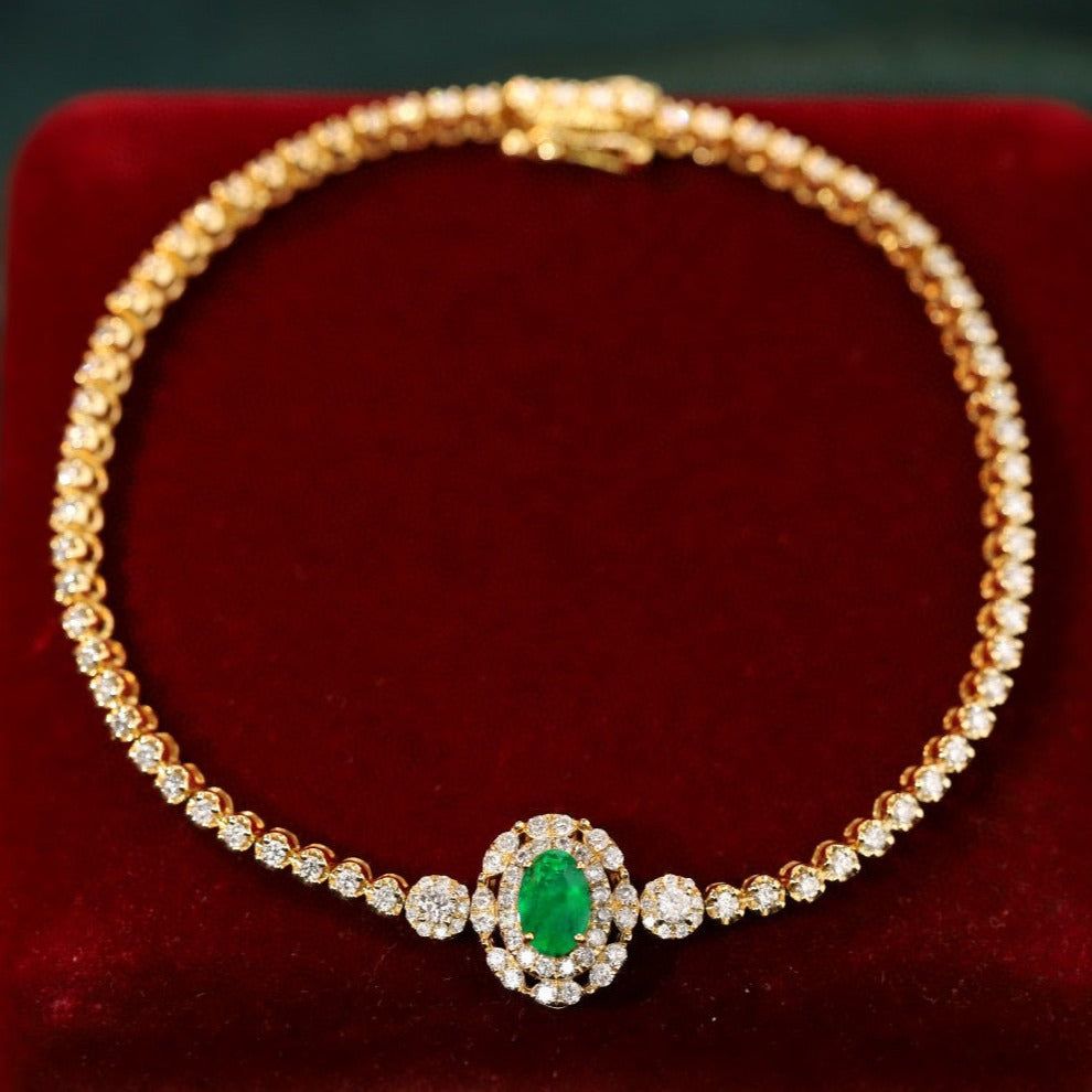 Art Deco 18K Solid Gold Emerald Diamond Bracelet