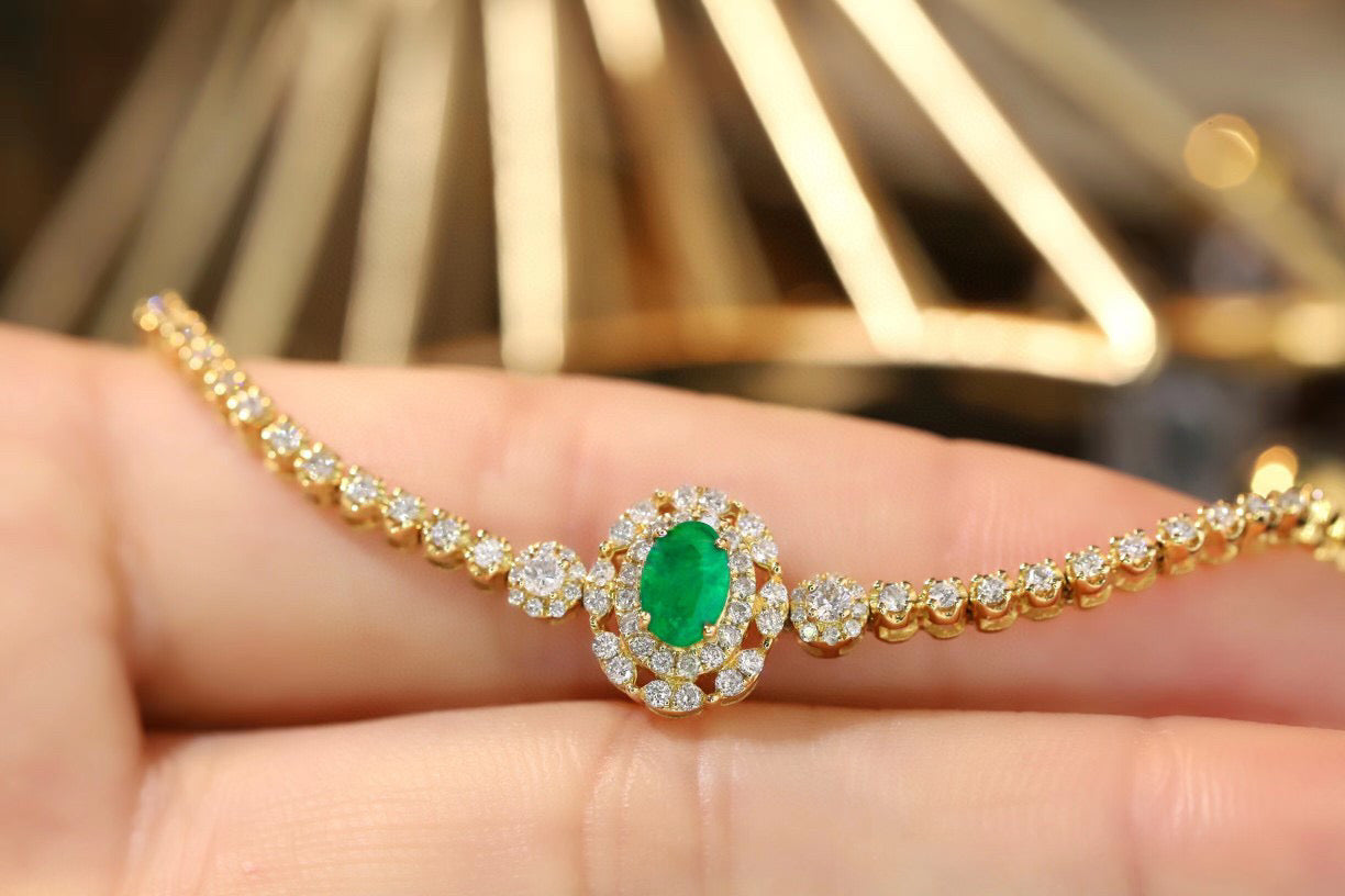 Art Deco 18K Solid Gold Emerald Diamond Bracelet