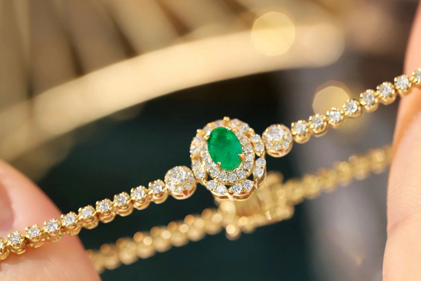 Art Deco 18K Solid Gold Emerald Diamond Bracelet