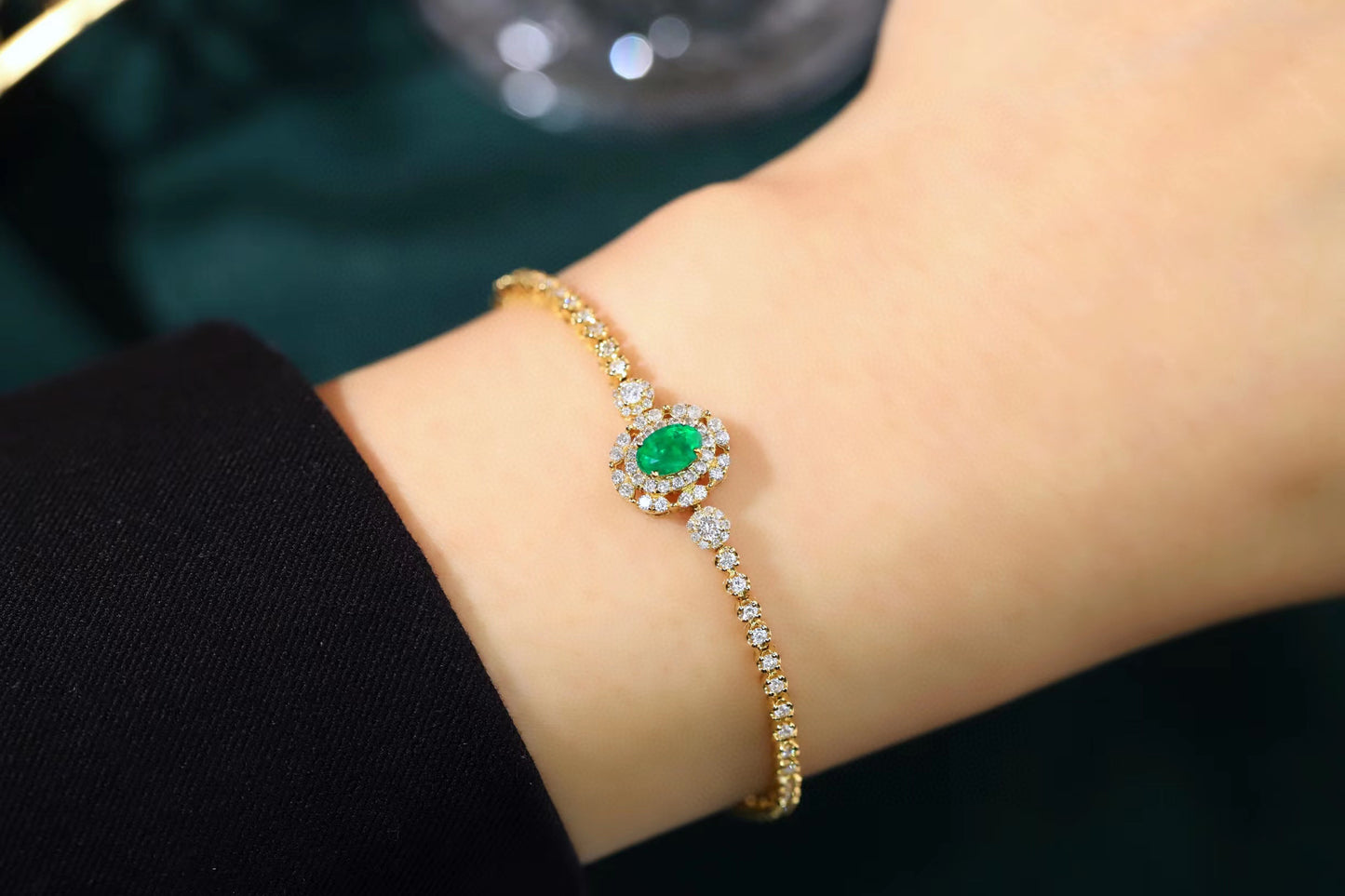 Art Deco 18K Solid Gold Emerald Diamond Bracelet