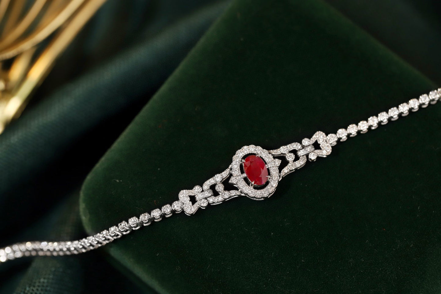 Art Deco 18K Solid Gold Ruby Full Diamond Bracelet