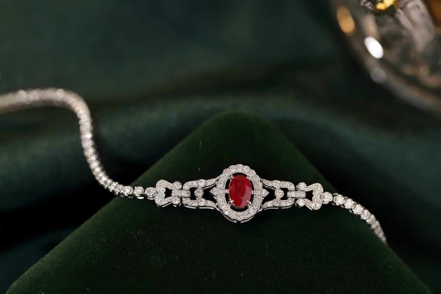 Art Deco 18K Solid Gold Ruby Full Diamond Bracelet