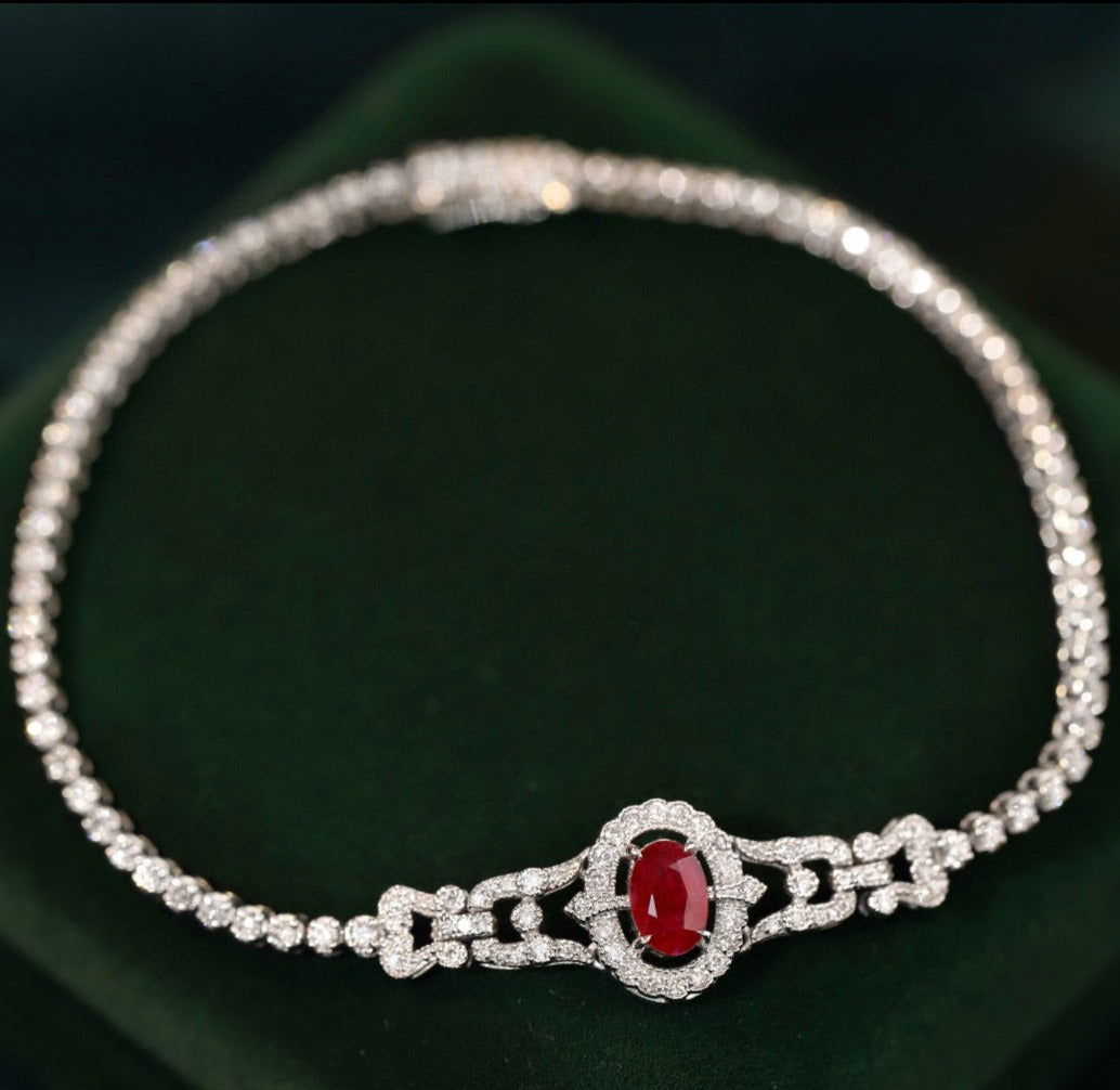 Art Deco 18K Solid Gold Ruby Full Diamond Bracelet