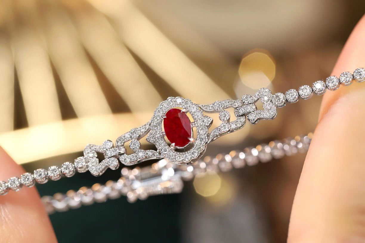 Art Deco 18K Solid Gold Ruby Full Diamond Bracelet