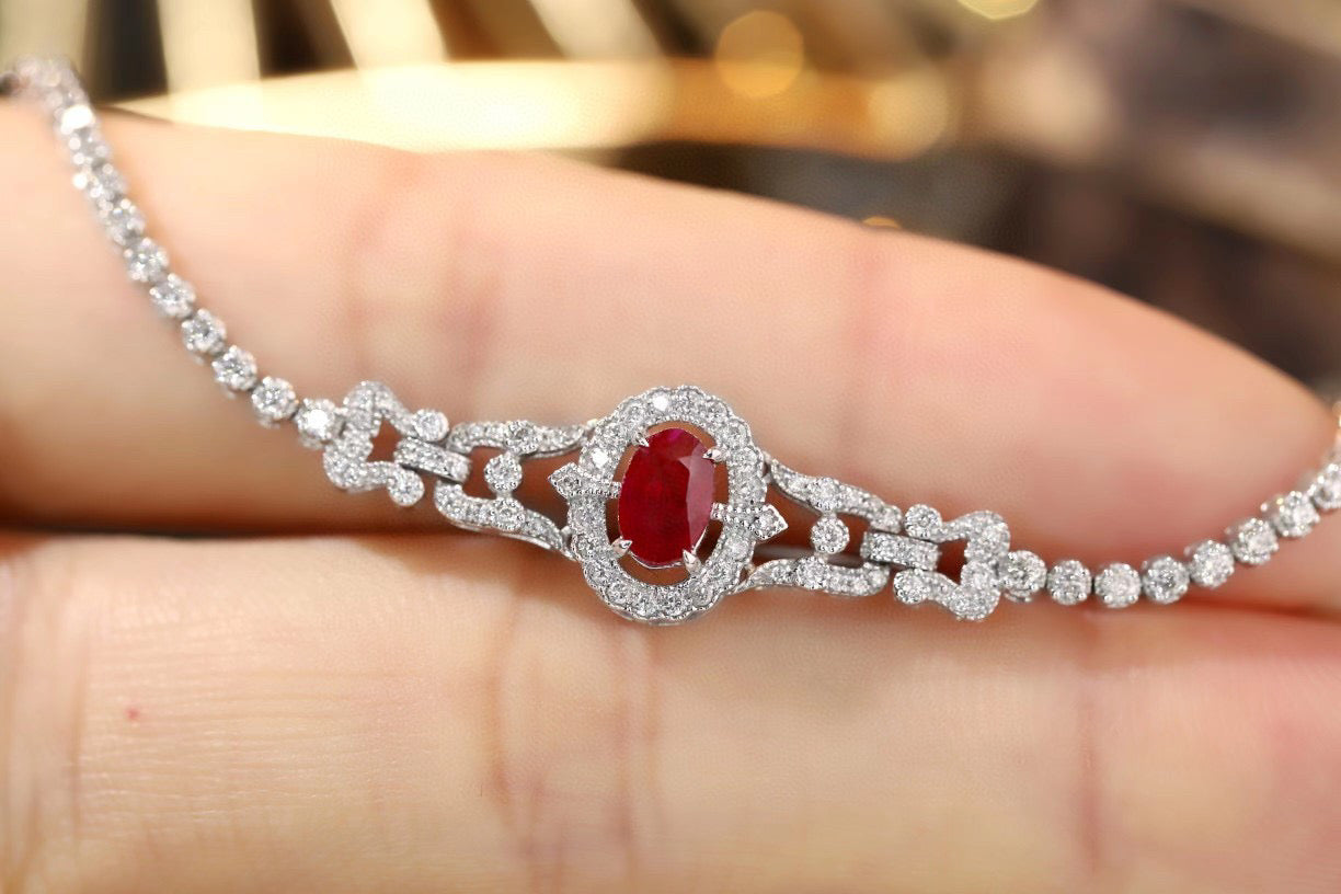 Art Deco 18K Solid Gold Ruby Full Diamond Bracelet