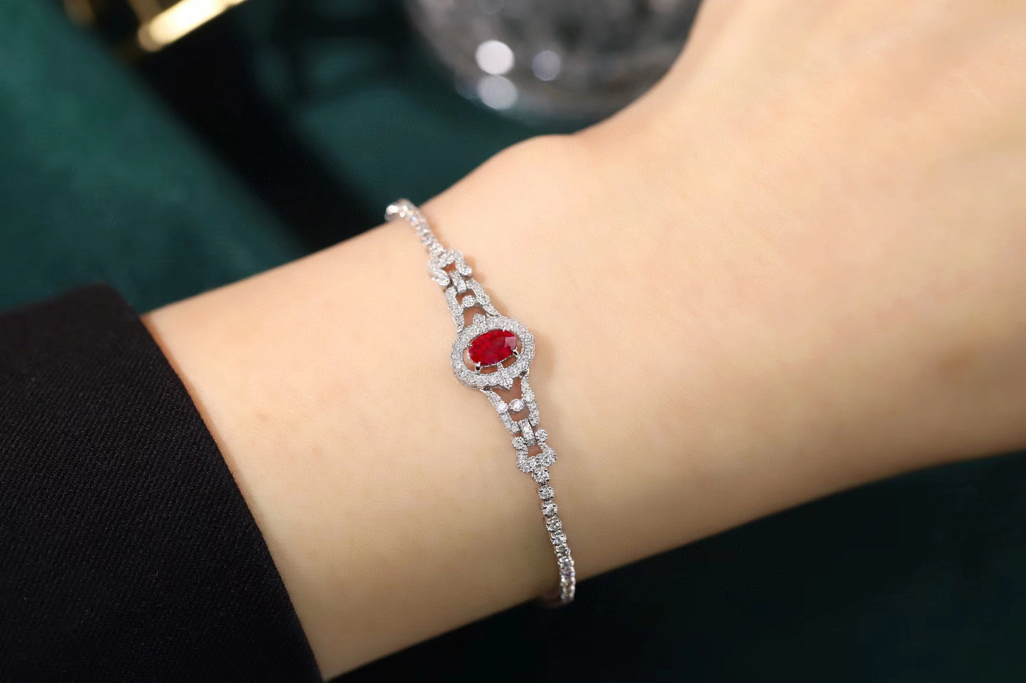 Art Deco 18K Solid Gold Ruby Full Diamond Bracelet