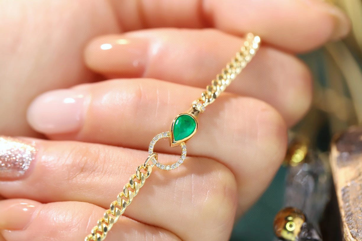 18K Solid Gold Emerald Diamond Bracelet